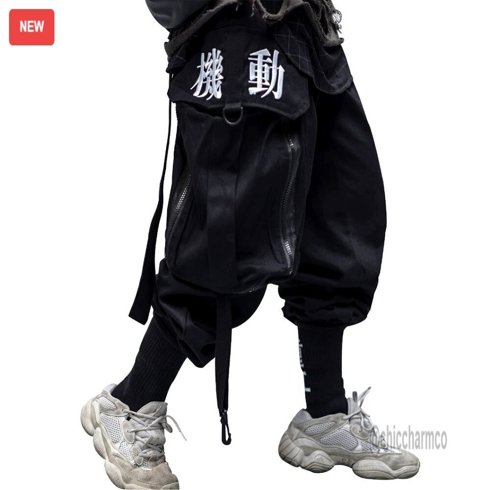 Men's Techwear Cargo Joggers with Japanese Kanji Embroidery, Relaxed Fit